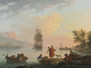A coastal scene with fishermen in the foreground